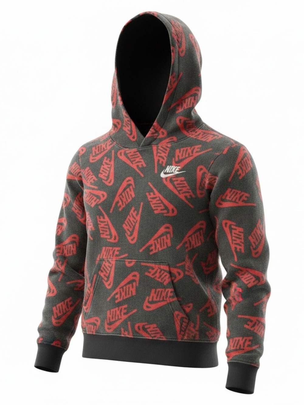 Nike Gray Hoodie with Red Allover Logo Print